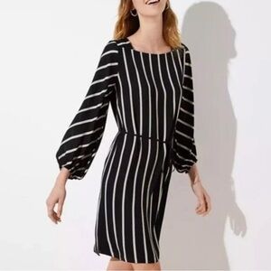 LOFT Striped Mini Dress Women's Size S Black Cream Square Neck Long Sleeve